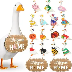 16 Pcs Porch Goose Welcome Sign Interchangeable Helloween Seasol Holiday Goose Sign with Wooden Geese Magnetic for 23 Cement Pl