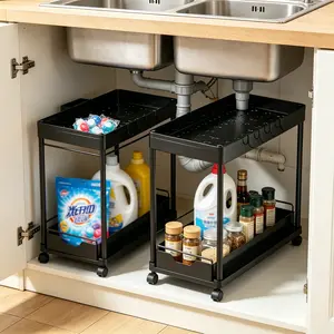 2 Tier Laundry Room Shelf - Countertop & Cabinet Organizer for Detergent, Softener & Supplies, Adjustable Height Heavy Duty Black Storage Rack