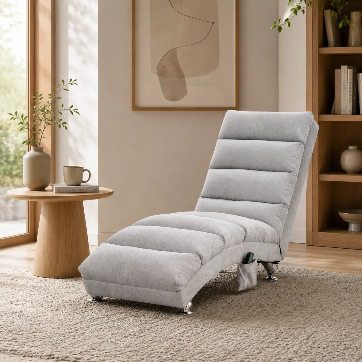 Modern Upholstered Chaise Lounge Chair with Vibration Fixed Back Fabric Recliner Sofa for Living Room Bedroom and Reading Area