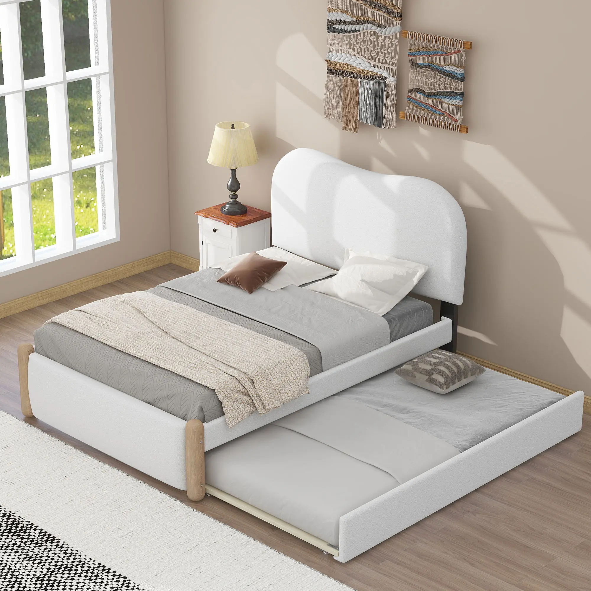 Upholstered Platform Bed with Wood Supporting Feet Twin Size Trundle Easy Assembly No Tools Required Solid Pine Wood Frame Berber Fleece Headboard Day Bed Frame Daybed With Trundle, Fabric Upholstered Headboard