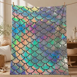 Cartoon Mermaid Scale Theme Flannel Blanket, Cozy Warm Blanket for Boys Girls, Bedroom Living Room Sofa Nap Mat, Holiday Birthday Gift