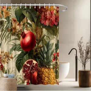 1pcs Flower and Fruit Theme Bath Curtain-2D Tropical Flowers Pomegranate Pineapple Flowering Plants Print Home Window Curtains Bathroom Decor Bathtub Decor 70.8x70.8 inches