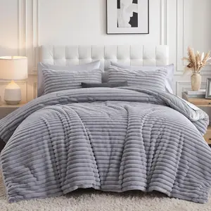 Comforter Set 7 count  Fleece Bedding Set, Soft Light Grey Bed Set with Luxury Fuzzy Bed in a Bag,  Season Warm Bedding Sets with Comforter, Sheets, Pillowcases & Shams