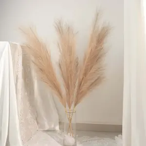 3 Stems Artificial Pampas Grass Decor Taupe - Soft Realistic Faux Ornamental Grass Branches for Rustic Boho Chic Backdrops Floral Styling & Vase Displays 44"