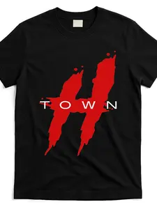 Men's Graphic Tee-houston H Town Hustle Town the H Houston Texas, Round Neck, Short Sleeves, Black with Vintage Band Print, All-Season Comfort, Sports Enthusiast Tee, Suitable for Any Season