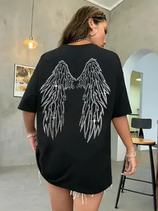 Plus Size - Plus Size - Trendy Oversized Black Wot Shirt Slim Fit Casual Graphic for Women Featuring Stunning Rhinestone Angel Wings on Back Fashionable Frayed Hem Design Perfect for Chic C.Jpg, Festive Holiday Party Outfit for Adults