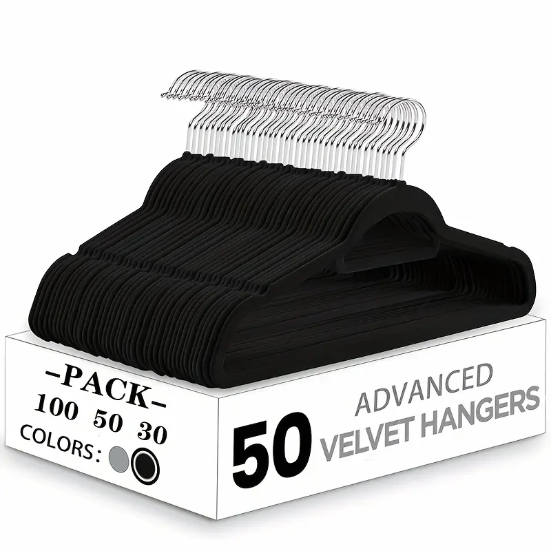 100/50/30pcs, Premium Velvet Non-slip Hanger with Tie Bar, 360° Swivel Hook, Space-saving, Durable, Suitable for Indoor Storage, Outdoor Drying, Clothing Display, Standard Hanger, Wardrobe Storage, Organization And Storage