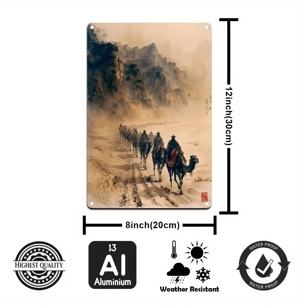 2D Flat, 1pc Frameless 2D Silk Road Desert Camel & Mountain Landscape Wall Art - Iron Square Poster Suitable for Asian Style Decor, Traditional Chinese Painting for Living Room, Garden - Cultural Historical Artwork, 2D Flat door sign