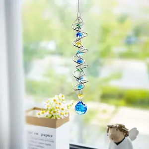 20.5 Inch Gazing Ball Spiral Tail Decorative Windmill Sun Catcher, Rainbow Maker, Dual Spiral Design, Sea Blue Crystal Glass Chain, Hanging Decoration