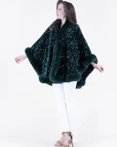 Women's Luxurious Sequin Faux Fur Trimmed Evening Cape Poncho - Elegant Outerwear for Special Occasions