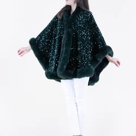 Women's Luxurious Sequin Loose-Fitting Open-Front Faux Fur-Trimmed Cape Poncho Coat - Elegant Outerwear for Special Occasions, Cape Poncho Jacket Adds Instant Drama