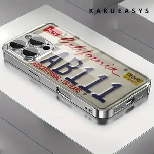 California License Plate Pattern Glass Phone Case, Vintage Style, Gold Plated Decoration, Compatible with iPhone 16 Pro Max, 16, 15 Pro, 14, 14 Plus/14 Pro Max, 13, 13 Pro, 12 Pro, 11/11 Pro