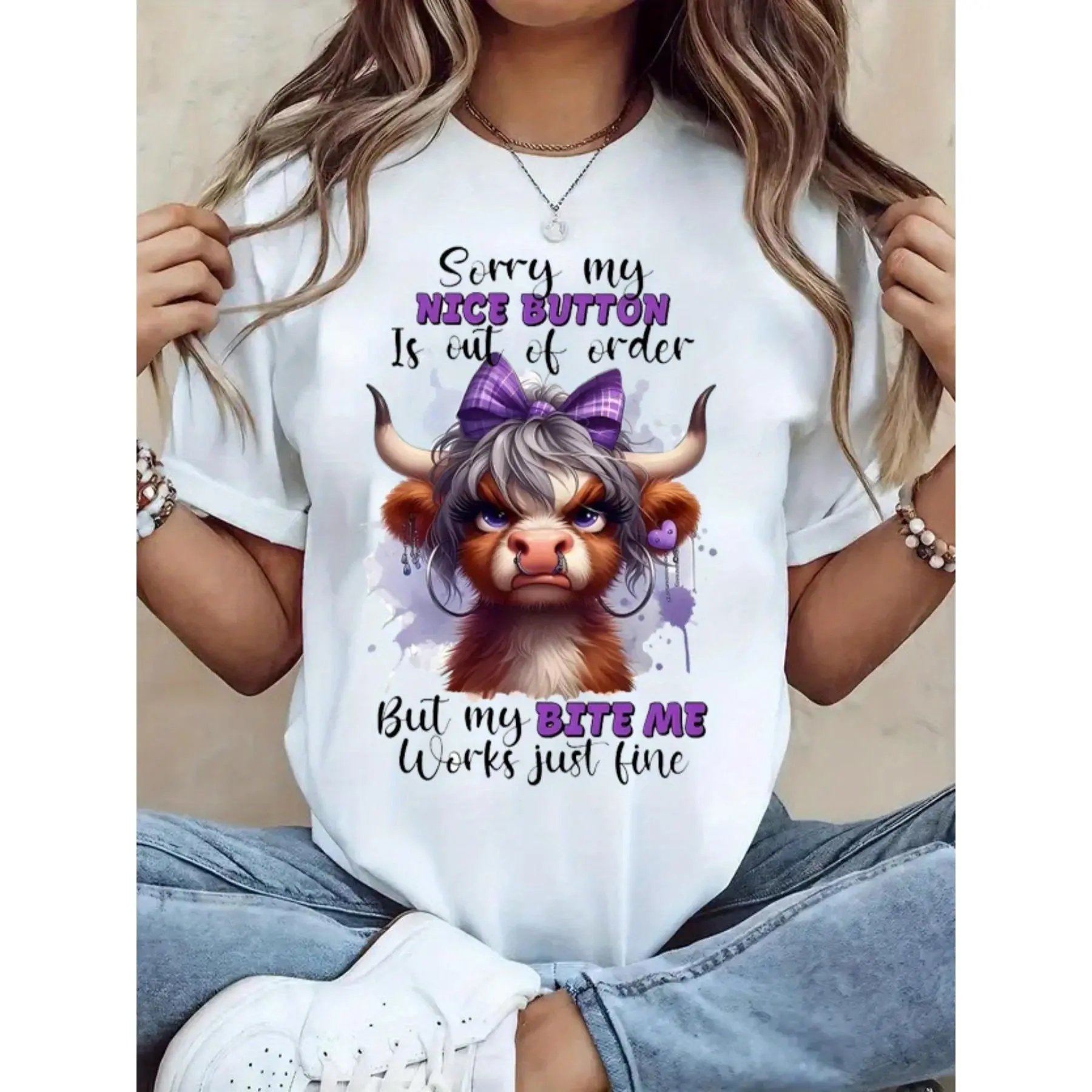 Highland Cow Graphic T-Shirt with Funny Text - 'Sorry My NICE BUTTON Is Out of Order, But My BITE ME Works Just Fine' - Unique Casual Tee with Wavy Long Sleeve Design, Perfect for Animal Lovers and Casual Outings