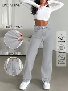 Women's High-Waisted Light Straight Leg Denim Jeans, European Style Casual Pants, Stretchy Slimming Design, Spring Summer Streetwear