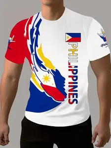 Men's Vintage Blue Colorblock T-Shirt, Casual Polyester Round Neck Short Sleeve, Philippine Flag Print, Summer Shirt
