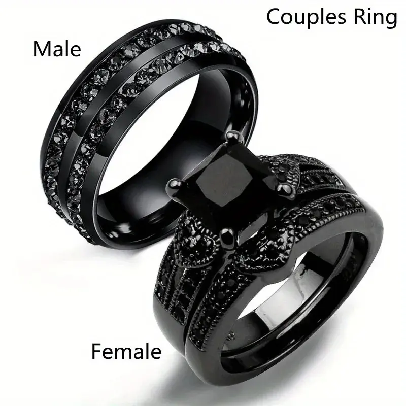 Fashion Couple Rings Set - Women's Black Heart Crystal CZ Ring, Men's 2-Row Black CZ Stone Stainless Steel Wedding Costume Jewelry