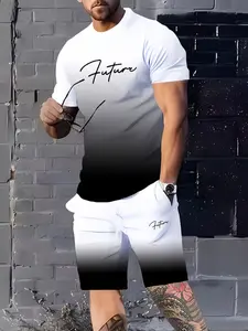 Men's Summer Casual Sports Set, Striped Print Short Sleeve T-Shirt and Pocket Shorts, Gradient Blue to