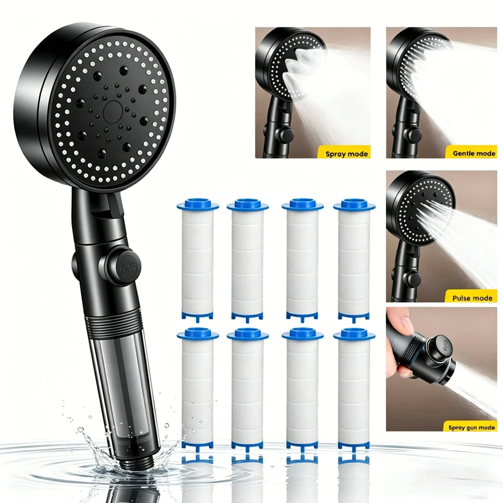 Five-Mode Filtered Shower Head with 8 Filters, Pet and RV Dedicated On/off Switch, Enhanced Water Filtration for Home Use, Showerhead Set