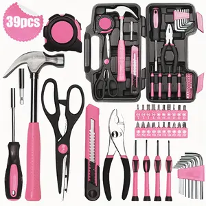 39pcs Pink Tool Kit| Includes Screwdriver, Utility Knife, Scissors, Tape Measure, Hammer, Internal Hex Wrench, Pliers| Suitable for Home, Garage, Garden, Office, College Dormitory| Ideal for Women