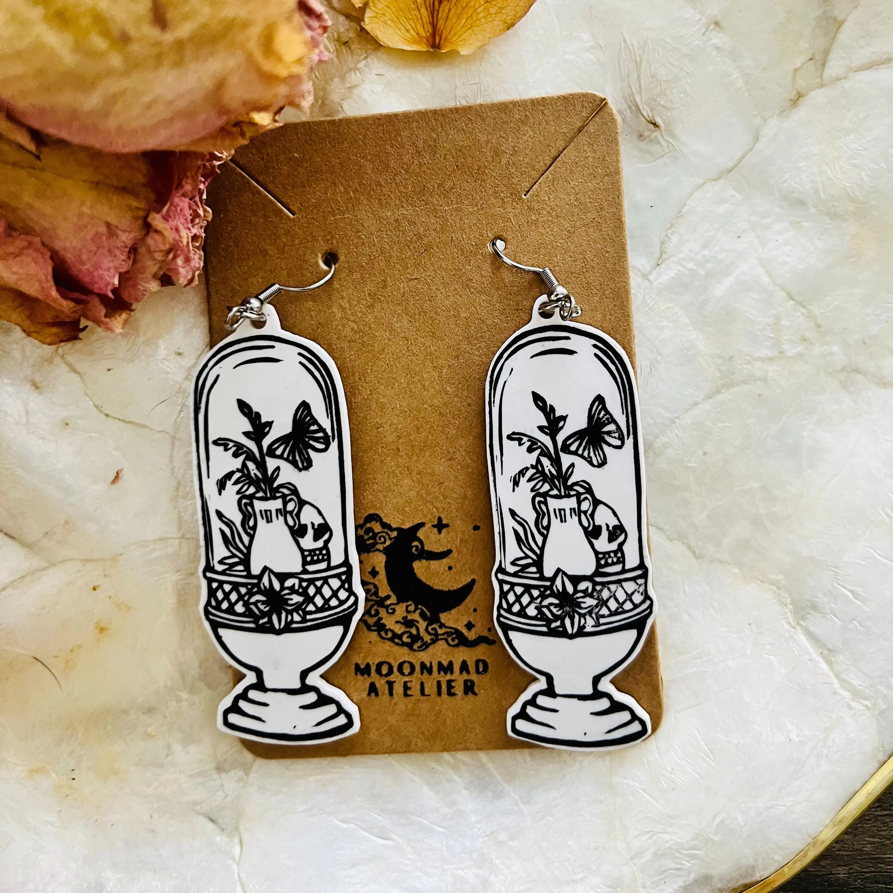 Butterfly and skull vivarium dangle shrink plastic earrings - dark academia inspired