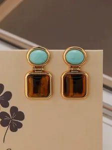 New French Vintage Malachite Tiger Eye Stone Stud Earrings, Fashion Lightweight Luxury Jewelry for Women, Daily Wear Gift for Girlfriend