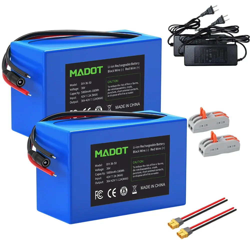 MADOT 36V 5000mAh Rechargeable Lithium-Ion Battery Pack with Charger, Bare Leads & Cable Connector for RC Cars, Kids' Ride-On Cars, Robots, Boats, LED Light Strips, CCTV Cameras & DIY Projects
