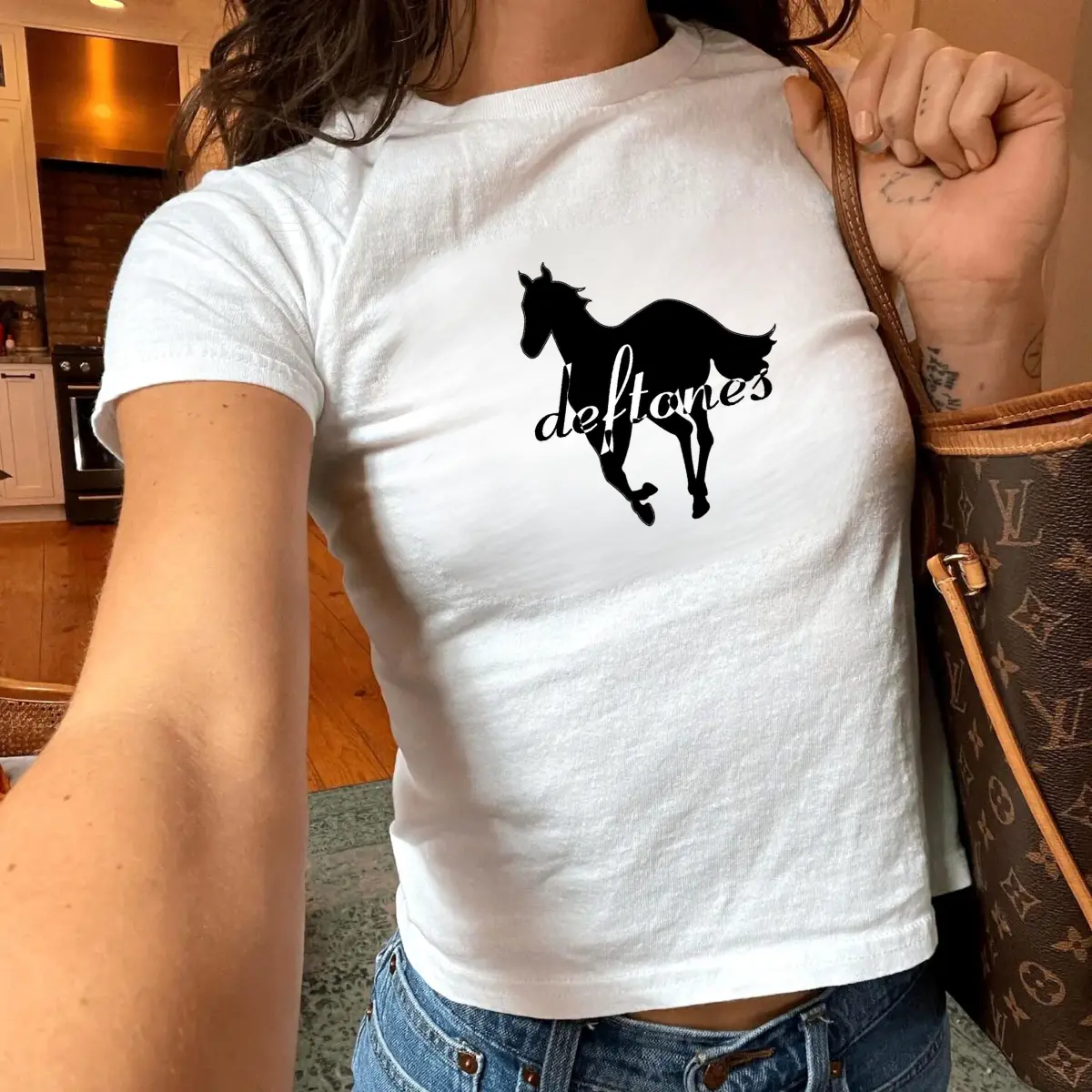 Deftones Horse Silhouette Baby Tee, Vintage Alt Aesthetic Shirt, Slim Fit Y2K Indie Graphic Tee, Minimal Western Style Top Women