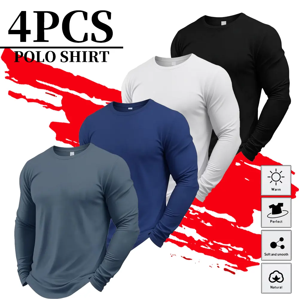 4-pack men’s crewneck long-sleeve T-shirts, solid colors, classic color palette, skin-friendly and comfortable, suitable for everyday wear, workouts, training, and sports casual wear.