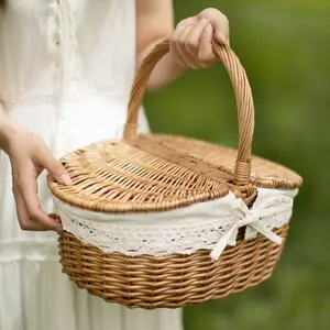 Wicker Handmade Woven Rattan Basket With Handle And Double Lids Camping Picnic Food Storage Container For Camping
