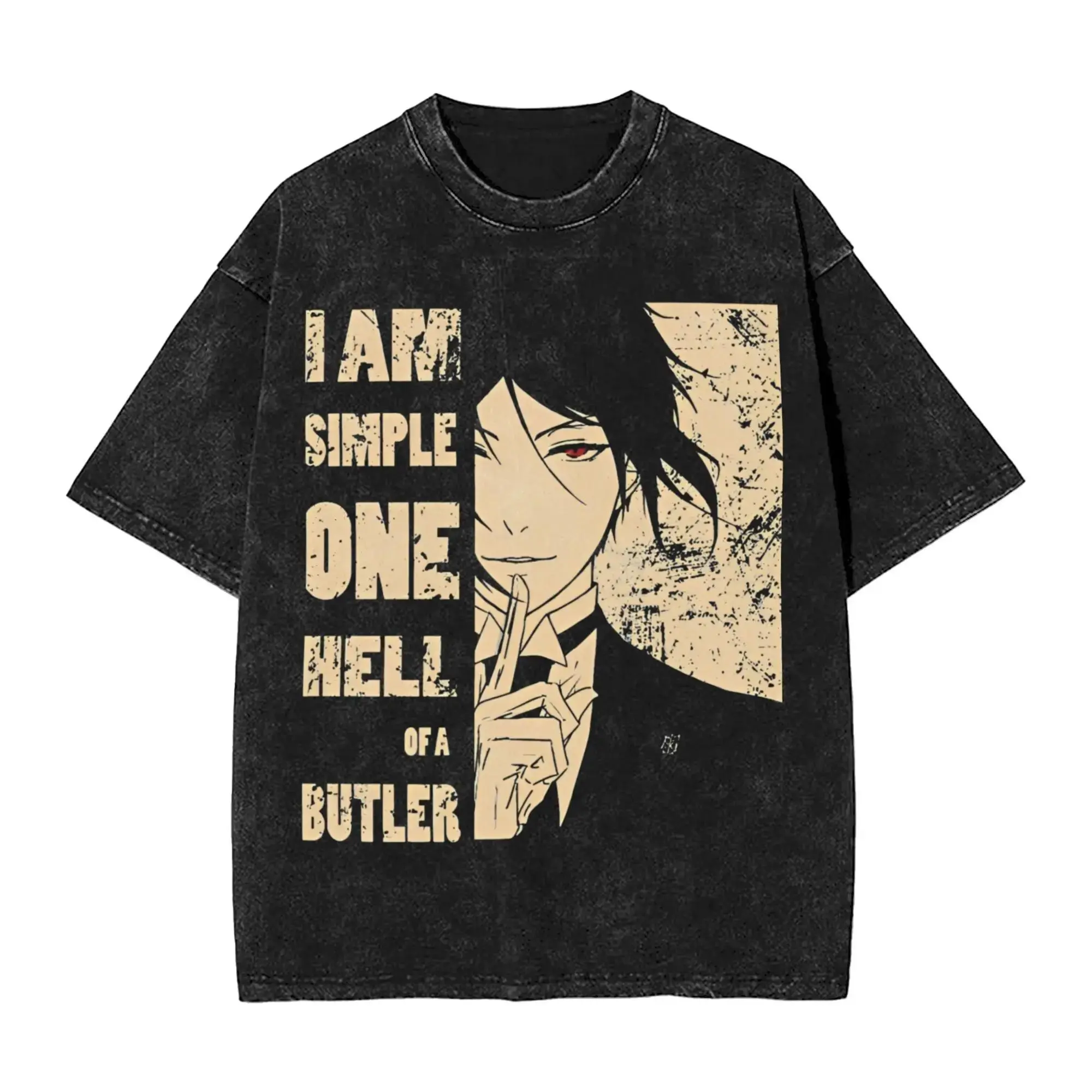 Men's Black Butler Anime Graphic T-Shirt - Vintage Distressed Washed Oversize Cotton Round/Crew Neck Short-Sleeve All-Seasons Casual Streetwear Top, Hand Wash Only, Figure-Flattering