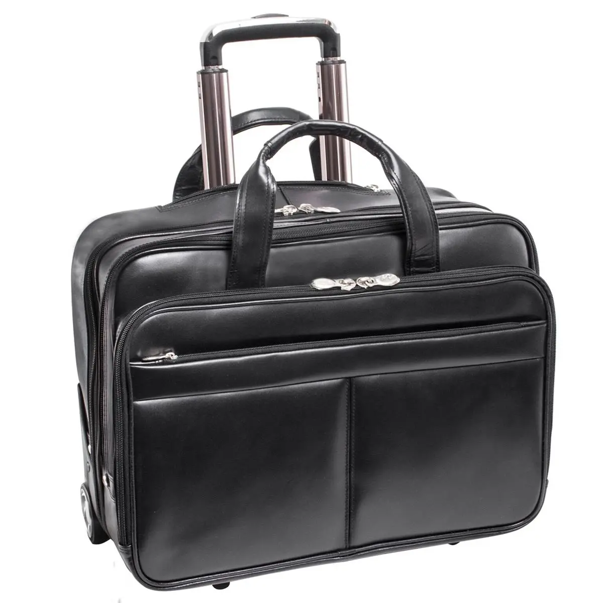 212 MAIN McKlein Bowery Black Leather Non-Detachable Wheeled Business Laptop Briefcase - Hard-Shell Rugged Ultimate Advanced Protection, Padded Dual-Layer Compartments, Zippered Closure, Device Compartment, Carrying Option