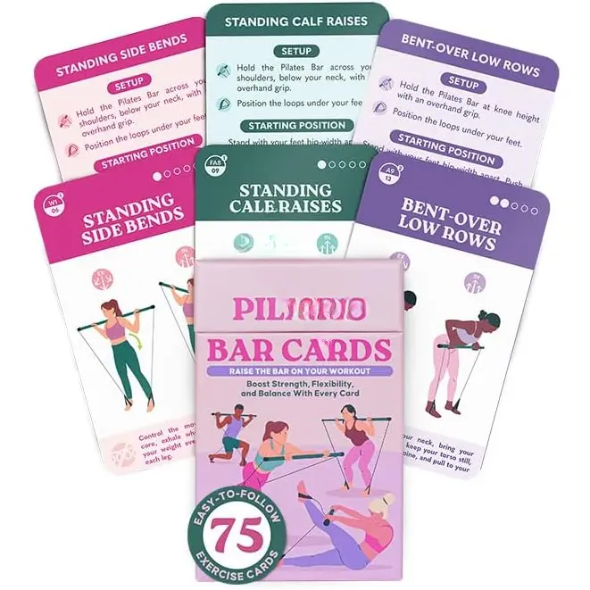 75 Pilates Bar Exercise Deck - Home Workouts for Upper, Lower , & Core - Big 3x5 Cards with Instructions & Easy-to-Read Text - Portable Kit Including a Pamphlet with 8 Workout Routines