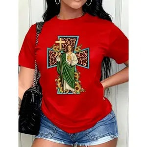 100% Cotton Women's Saint Jude Pattern T-Shirt, Short Sleeve Casual Crew Neck Top, Women's Clothing