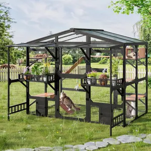 Large Outdoor Catio for 6-10 Cats, Metal Cat Cage Outdoor with Weatherproof Roof, 6 Platforms, Climbing Ramp, 1 Resting Box and Cat Scratching Post, Outdoor Cat House with Storage Shelves, Black