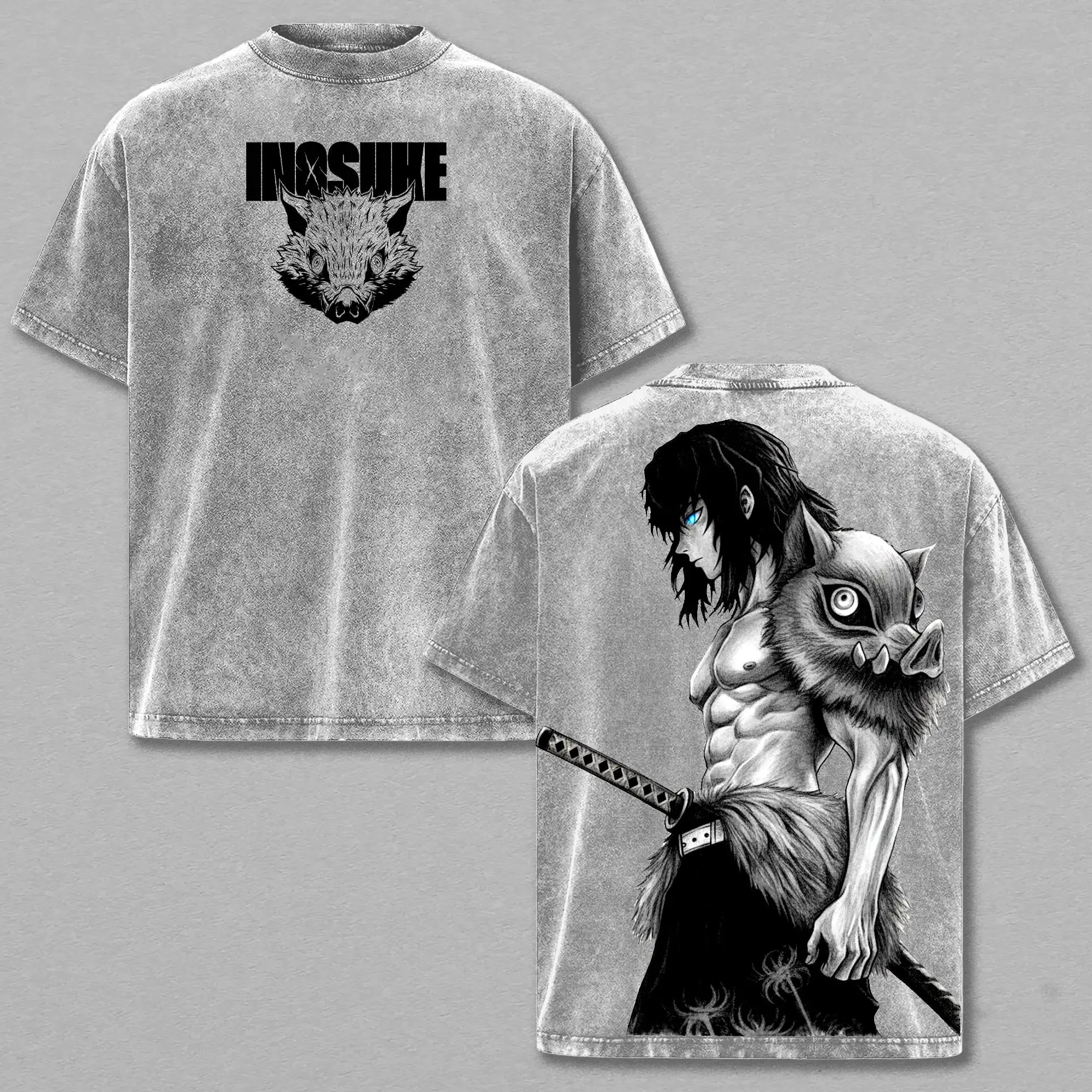 Inosuke Anime Washed Tee – Demon Slayer Vintage Manga T-Shirt, Cool Japanese Anime Graphic Shirt, Oversized Streetwear Trendy Otaku Gift, Aesthetic Shonen Anime Tee men clothing