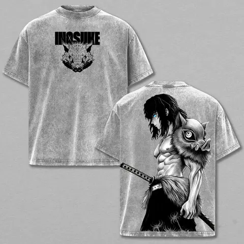 Inosuke Anime Washed Tee – Demon Slayer Vintage Manga T-Shirt, Cool Japanese Anime Graphic Shirt, Oversized Streetwear Trendy Otaku Gift, Aesthetic Shonen Anime Tee men clothing