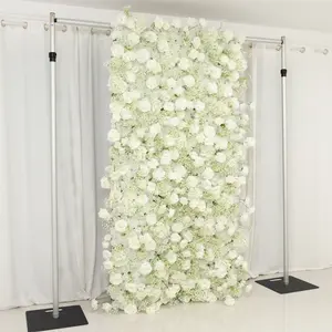 8ftx4ft Roll Up Artificial Flower Wall Panel Backdrop with White Silk Roses & Baby's Breath