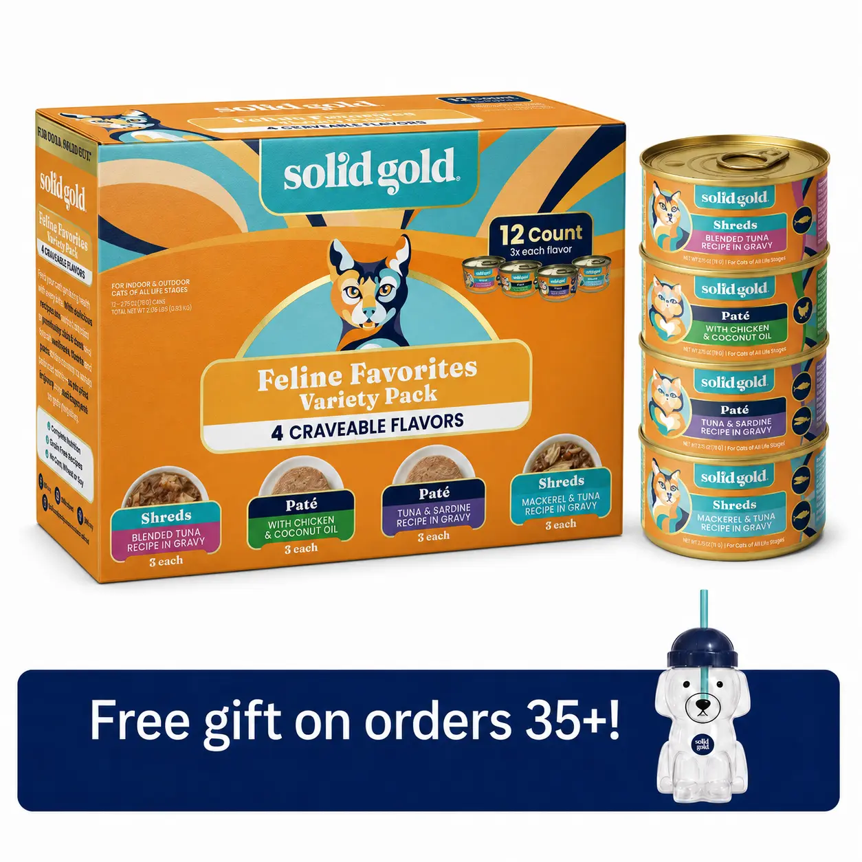 Solid Gold Feline Favorites Wet Food Variety 12 Pack for Cats Fish Assorted Flavors & Textures Complete Balanced Diet