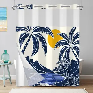 No Hook Shower with Snap in Liner, Tropical Palm Tree Shower Curtains for,-Layer Waterproof Shower with Sheer Top Window and Weighted Bottom, 71x74 Inches