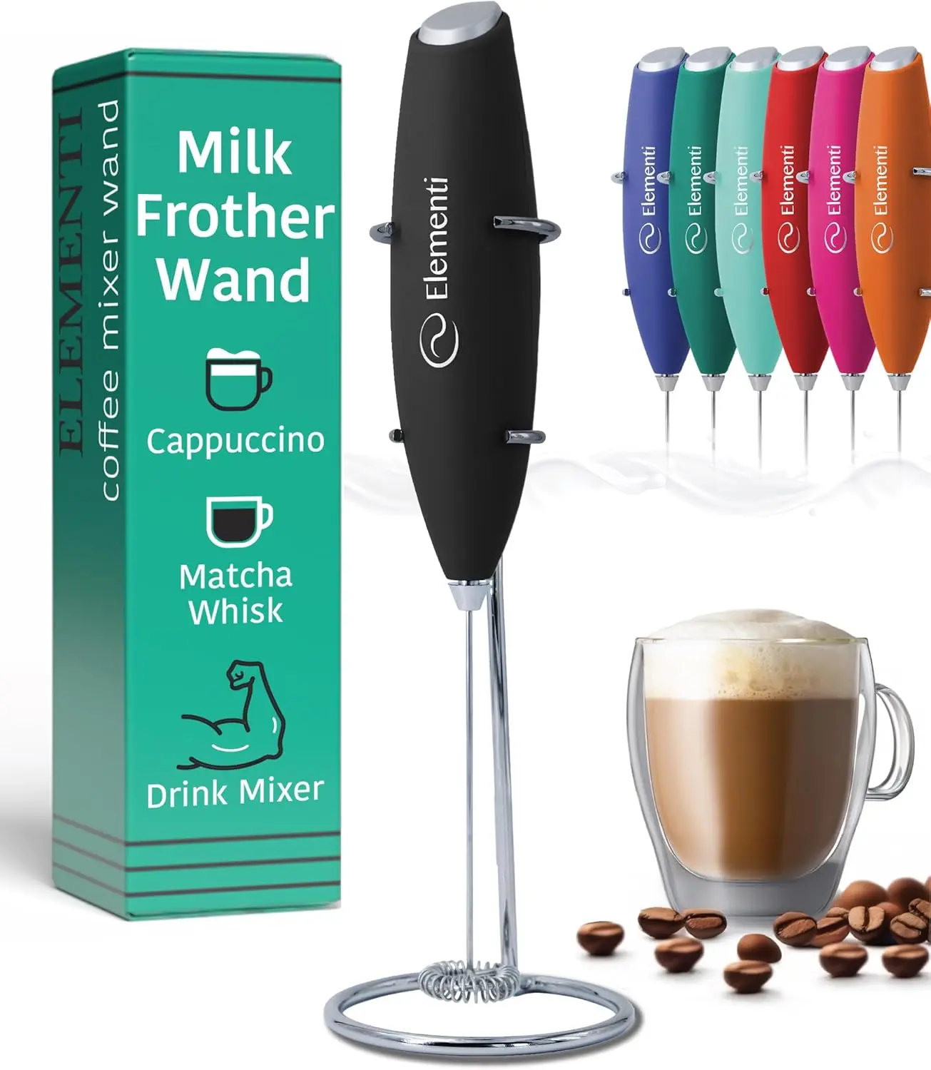 Milk Frother Wand & Electric Stirrer with Stand - Turbo Coffee & Milk Frother Handheld - Hand Held Coffee Mixer Wand & Cold Foam Maker for Frothy Cappuccinos, Lattes & Drink Mixes at Home (Black) Elementi