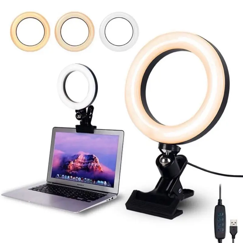 6.3" Compact Metal Aluminum Selfie Ring Light Accessory with Clip Mount - Mobile Ring Clip Lights for Filming Setup, 3 Modes (Warm, White, Mixed), 10-Level Dimming, Remote, Adjustable for Cellphones, Laptops, Cameras, Aluminium