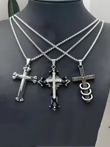 Stainless Steel Cross Necklace Set, 3-Piece Design, Durable Material, Perfect for Everyday Use & Special Occasions, Modern Versatile Accessories, Exquisite Chain Jewelry, Charm Necklaces