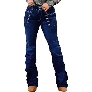 Women's High-Waist Fitted Retro Slimming Denim Bottoms, Buttoned Detail Basic Flare Jeans for Elegant Casual Wear