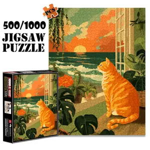 1pc 1000 piece adult puzzle 70x50cm Orange Cat Looking Out at Ocean Sunset with Plants 500 pieces of paper jigsaw puzzle, suitable for adults and families, large-scale DIY puzzle interactive toy g