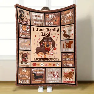 [Cozy Dachshund Blanket] Soft Polyester Dachshund Print Flannel Throw Blanket Contemporary Style All-Season Cozy Multi-Color Animal Theme with Playful Phrases & Illustrations, Multipurpose Bedding for Couch, Sofa, or Bed-280GSM