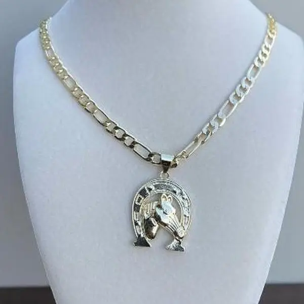 Men's Women's 14K Gold Plated Horseshoe Hip-Hop Pendant 20" 4mm Figaro Link Chain Necklace