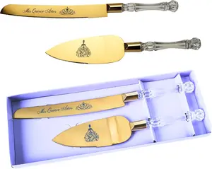 Lassos Boutique Mis Quince Años Quinceanera Cake Serving and Knife Set, Sweet 15 Birthday Cake Cutting Set, Feliz 15 Anos Decoration, Acrylic Handle, Stainless Steel (Gold)