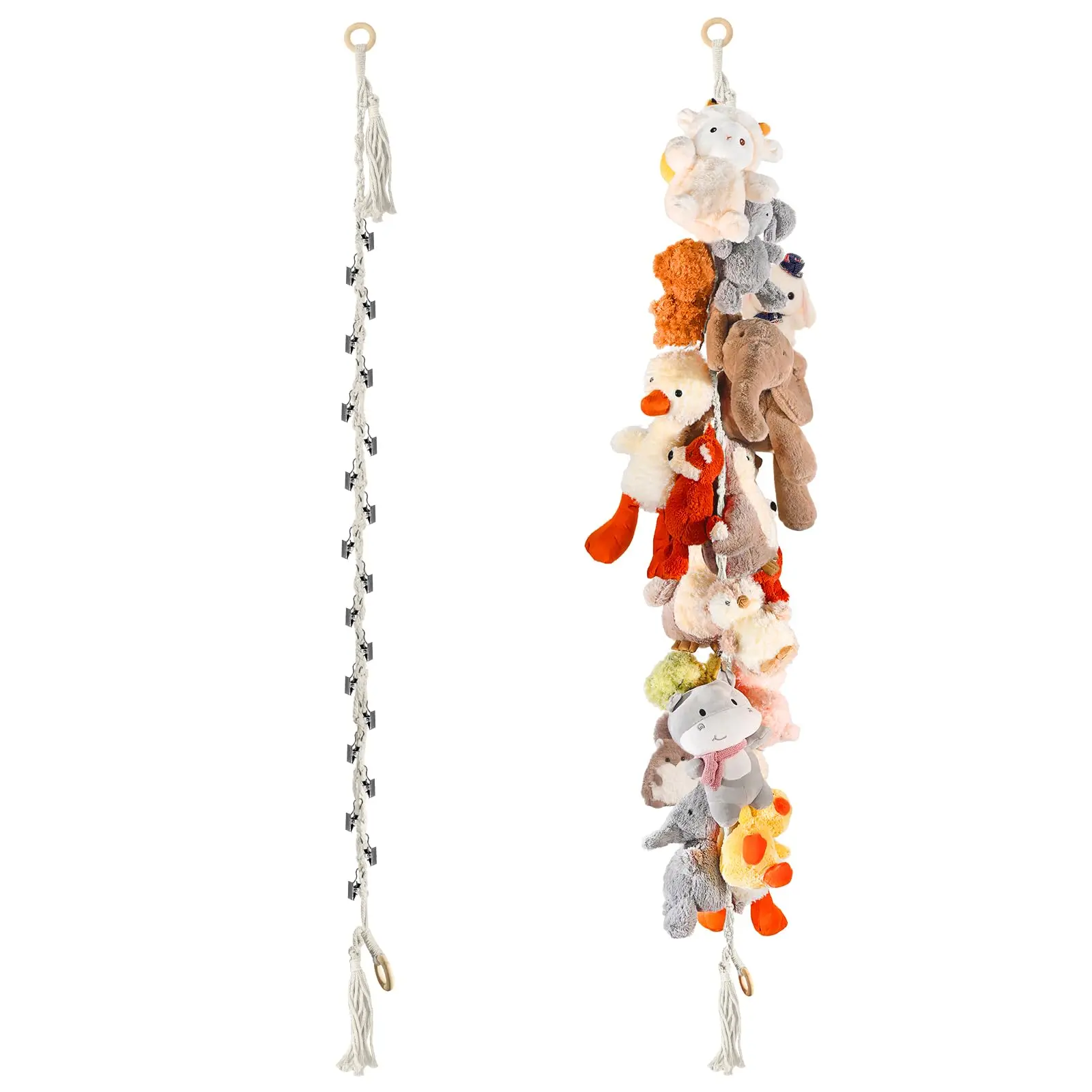 80 Inch Stuffed Animal Organizer Chain, 2 Pack Macrame Hanging Toy Storage with 40 Metal Clips, Wall Corner Plush Toy Display Holder with Wooden Rings and Tassels for Dolls, Photos, Cards, Hats and Holiday Decorations