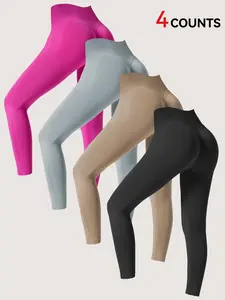 Women's 4-Piece Set Solid Color High Waist Leggings, Comfortable Breathable Yoga Pants for All-Day Wear, Perfect for Indoor and Outdoor Activities