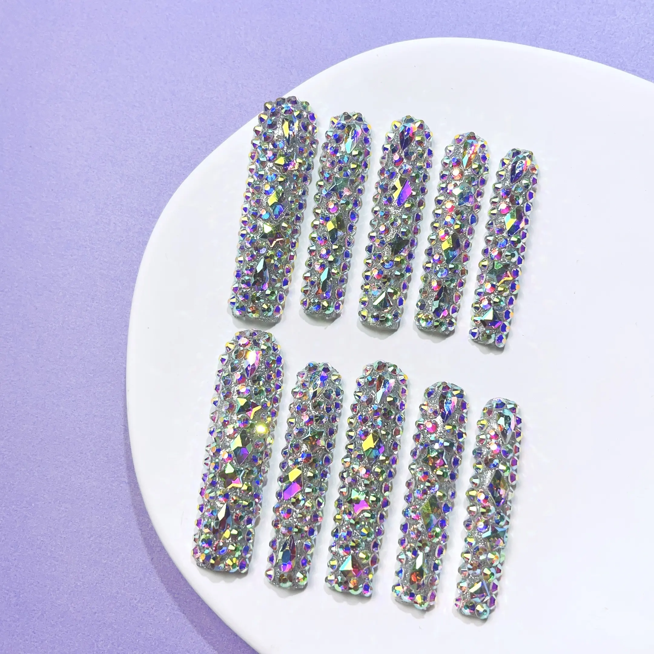 nailrosy Press On Acrylic Nails, Handmade Reusable Nail Art Set with 3D Flowers & Rhinestones, Long Coffin Shape Luxury Beauty Products for Women, Press On Nails